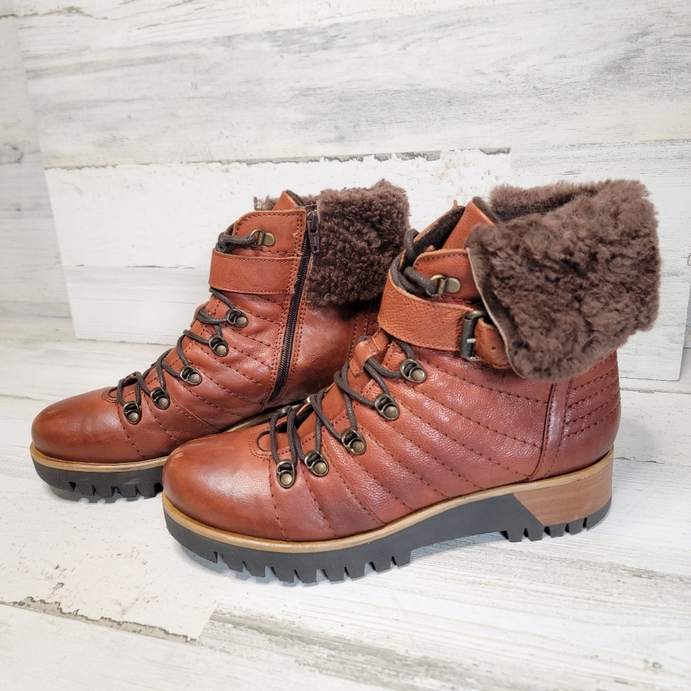 MANAS LEATHER AND SHEARLING ANKLE BOOTS, SIZE 39